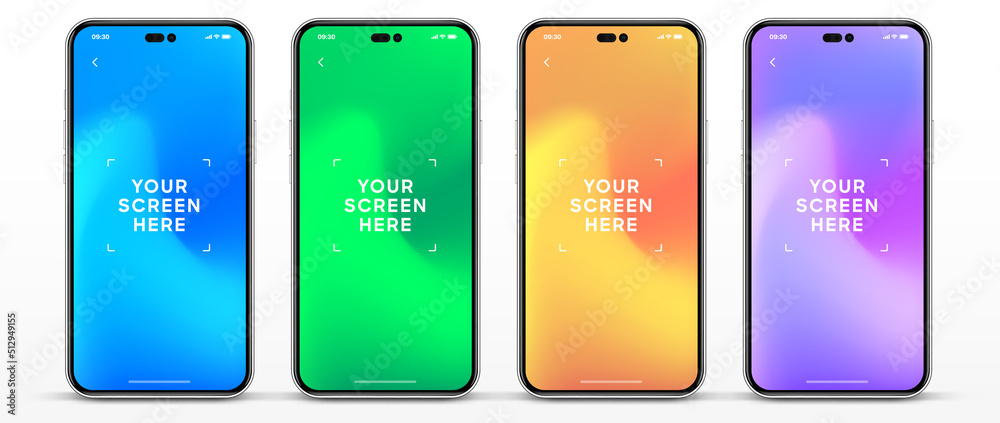 Aufkleber Realistic smartphone mockup isolated with transparent screens. Smart phone mockup collection. Device front view. 3D mobile phone with shadow on white background. Realistic, flat and line style