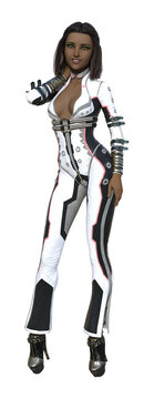 Illustration of a full torso woman holding her neck wearing a white and black leather jumpsuit.