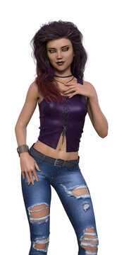 Illustration of a woman wearing ragged jeans and a purple leather top with a hand to her chest.