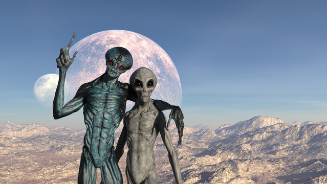 Illustration of a blue alien with a finger up and arm around the shoulders of a gray alien on a barren planet with a moon rising.
