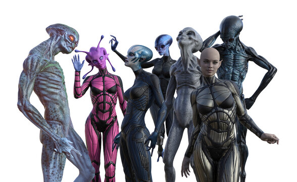Illustration of a group of seven unique aliens in different poses on a white background.