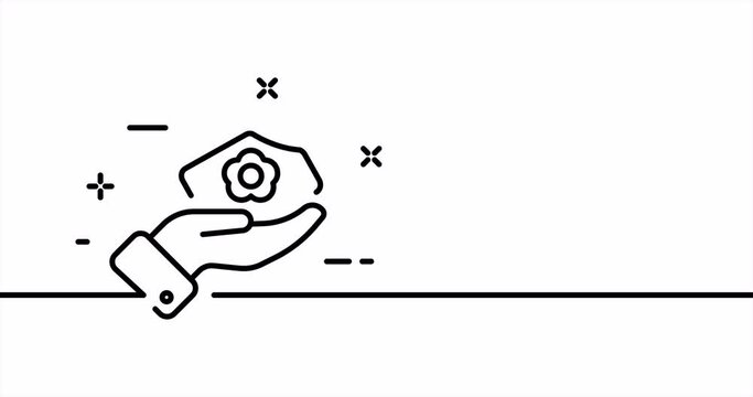Hand with a plant. Seeds, ground, soil, care, leaf, leaves, flower, nature, save the planet. Ecology concept. One line drawing animation. Motion design. Animated technology logo. Video 4K