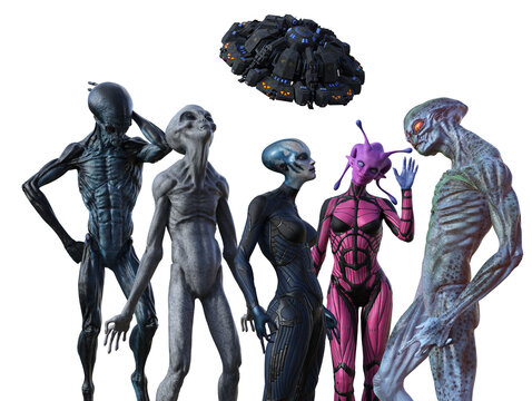 Illustration of a group of five aliens in assorted poses with a UFO flying in the background on a white background.
