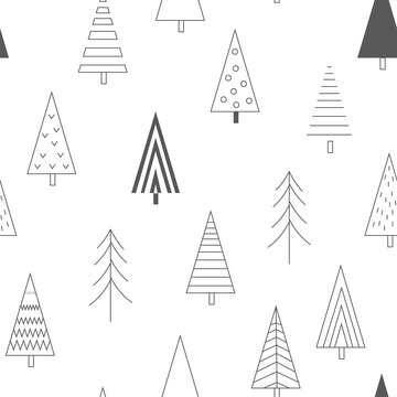 Xmas trees seamless pattern. Scandinavian winter background with abstract pine trees. Vector outline illustration