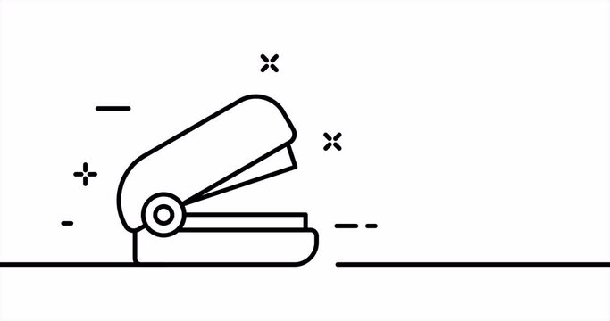 Stapler. Staple documents, file, sheets of paper, folder, office, work, employee. Stationery concept. One line drawing animation. Motion design. Animated technology logo. Video 4K