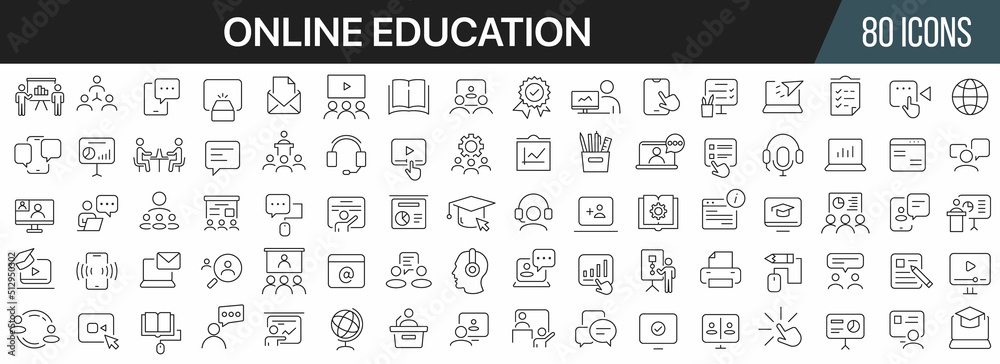 Poster online education and seminar line icons collection. big ui icon set in a flat design. thin outline i