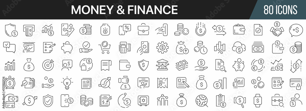 Aufkleber money and finance line icons collection. big ui icon set in a flat design. thin outline icons pack. 