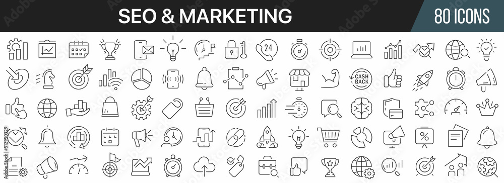 Poster seo and marketing line icons collection. big ui icon set in a flat design. thin outline icons pack. 