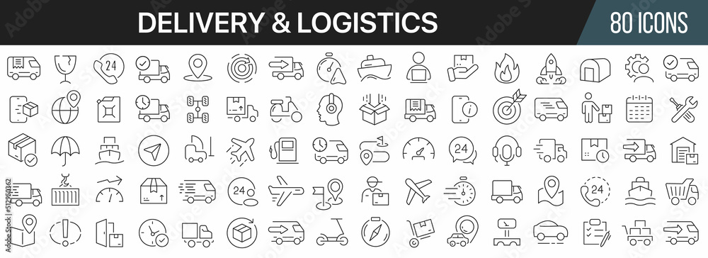 Poster Delivery and logistics line icons collection. Big UI icon set in a flat design. Thin outline icons pack. Vector illustration EPS10
