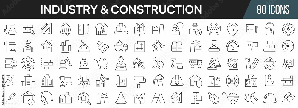 Poster industry and construction line icons collection. big ui icon set in a flat design. thin outline icon