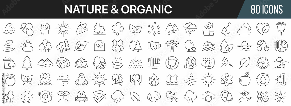 Poster nature and organic line icons collection. big ui icon set in a flat design. thin outline icons pack.