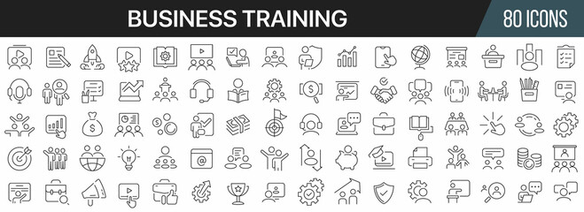 Fototapeta na wymiar Business training and workshop line icons collection. Big UI icon set in a flat design. Thin outline icons pack. Vector illustration EPS10