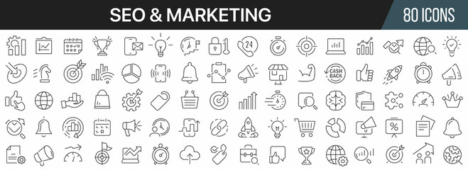 Seo and marketing line icons collection. Big UI icon set in a flat design. Thin outline icons pack. Vector illustration EPS10