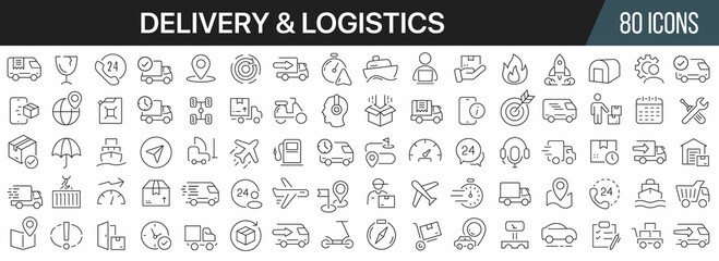 Obraz na płótnie Canvas Delivery and logistics line icons collection. Big UI icon set in a flat design. Thin outline icons pack. Vector illustration EPS10