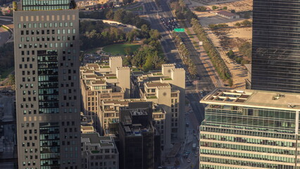 Fototapeta na wymiar Office skyscrapers in financial district aerial timelapse