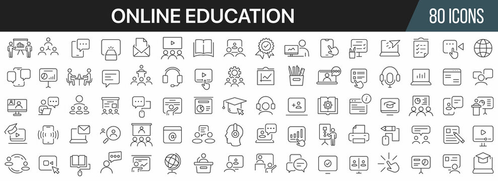 Online education and seminar line icons collection. Big UI icon set in a flat design. Thin outline icons pack. Vector illustration EPS10