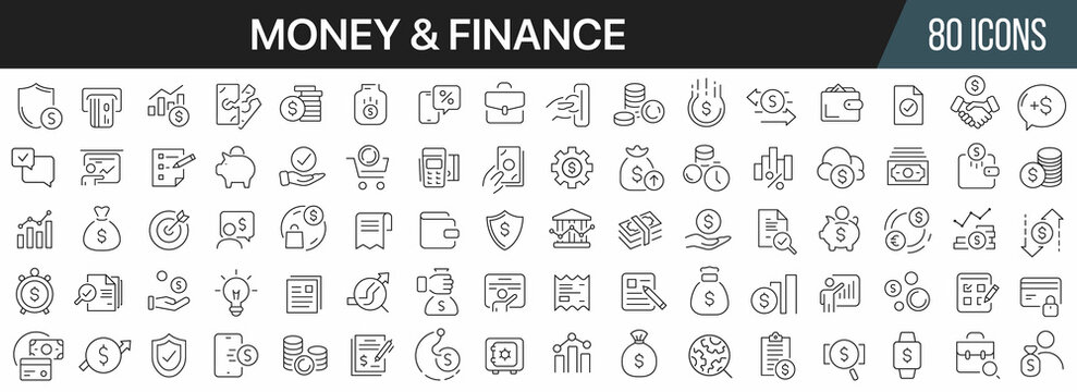 Money and finance line icons collection. Big UI icon set in a flat design. Thin outline icons pack. Vector illustration EPS10