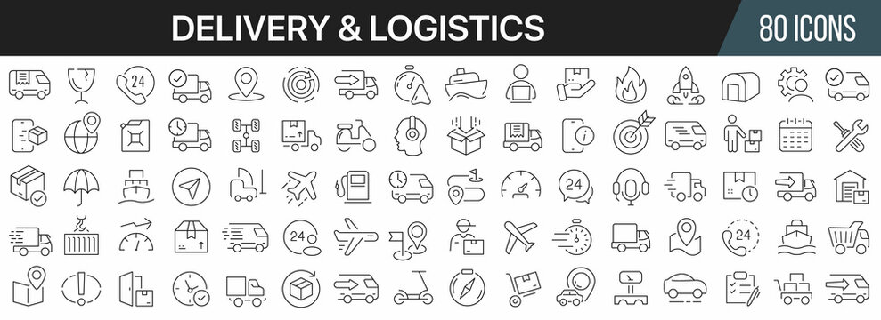 Delivery and logistics line icons collection. Big UI icon set in a flat design. Thin outline icons pack. Vector illustration EPS10