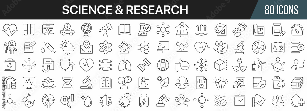 Poster science and research line icons collection. big ui icon set in a flat design. thin outline icons pac