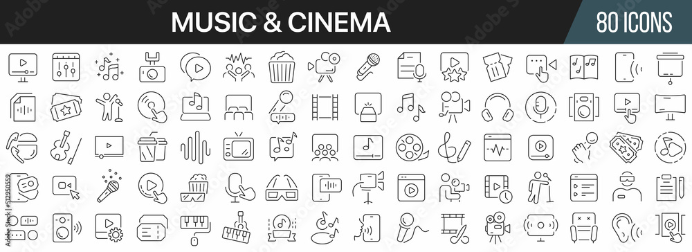 Poster music and cinema line icons collection. big ui icon set in a flat design. thin outline icons pack. v