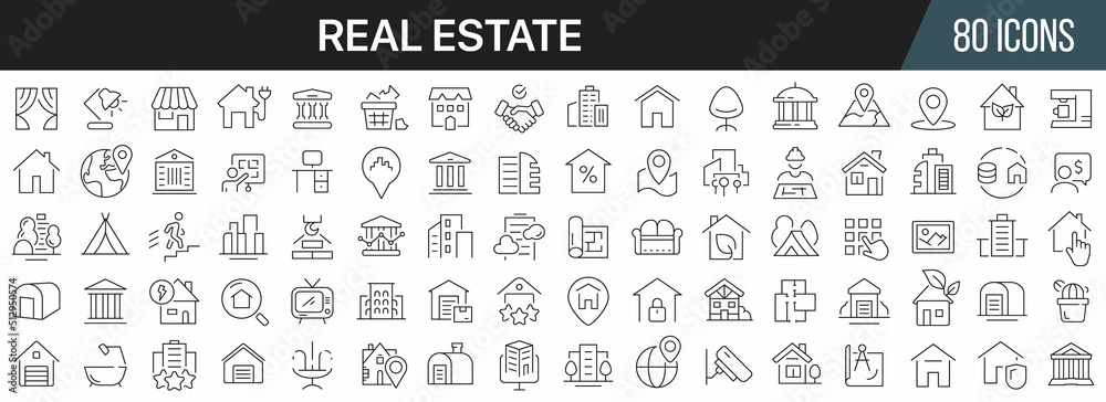 Poster real estate line icons collection. big ui icon set in a flat design. thin outline icons pack. vector