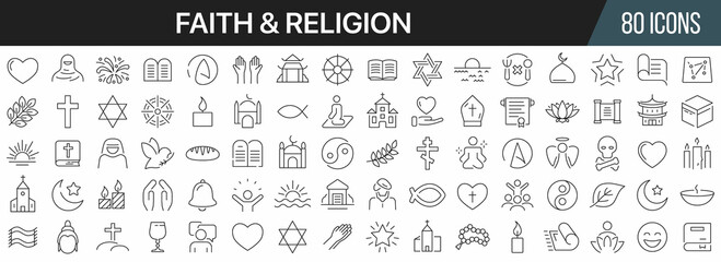 Religion and faith line icons collection. Big UI icon set in a flat design. Thin outline icons pack. Vector illustration EPS10 - obrazy, fototapety, plakaty