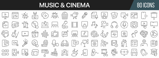 Music and cinema line icons collection. Big UI icon set in a flat design. Thin outline icons pack. Vector illustration EPS10 - obrazy, fototapety, plakaty