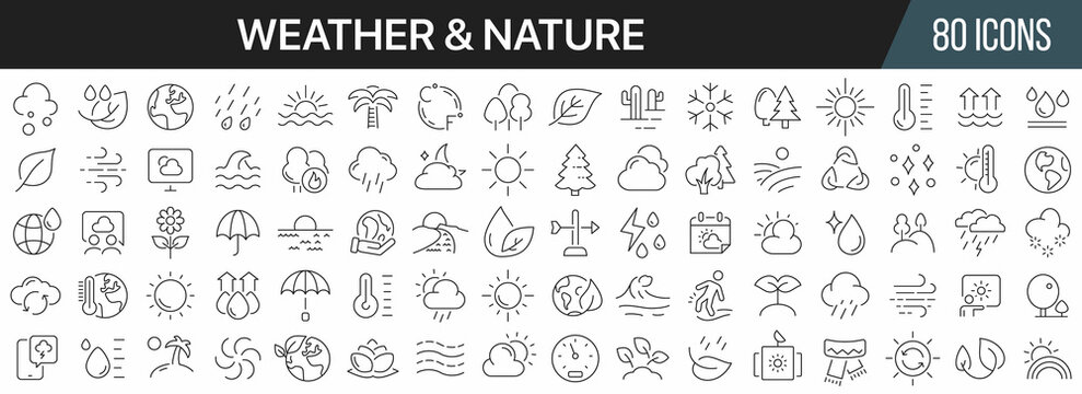 Nature and weather line icons collection. Big UI icon set in a flat design. Thin outline icons pack. Vector illustration EPS10