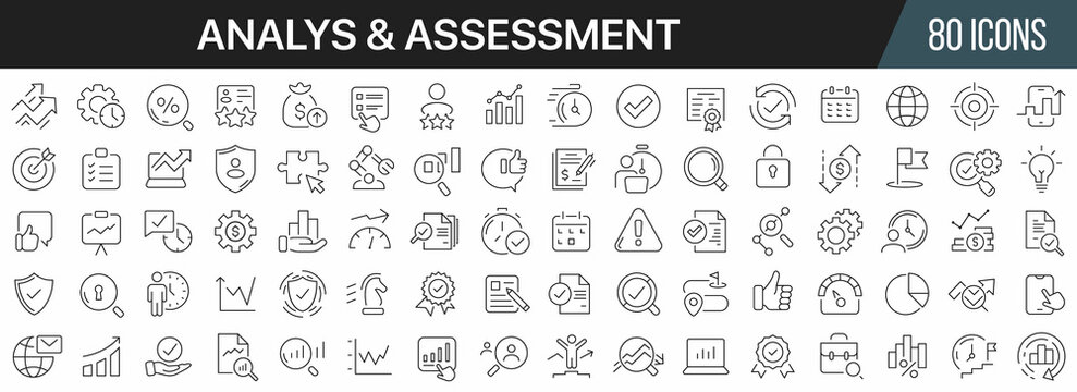 Analysis and assessment line icons collection. Big UI icon set in a flat design. Thin outline icons pack. Vector illustration EPS10