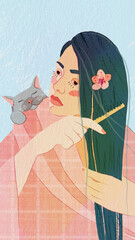 An author's illustration depicting a girl with blue hair who combs her hair with a cute kitten. The use of texture and watercolor effect.