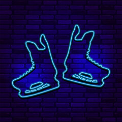 Neon icon of a pair of hockey skates. Hockey equipment. 
