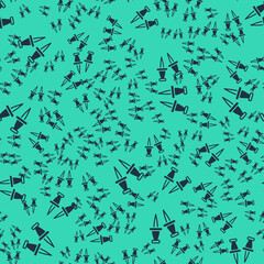 Black Push pin icon isolated seamless pattern on green background. Thumbtacks sign. Vector