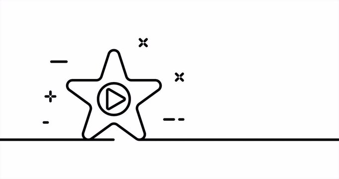 Star with play button. Player, pause, playlist, favourite song, sing, sound, hobby, have a rest. Entertainment concept. One line drawing animation. Motion design. Animated technology logo. Video 4K