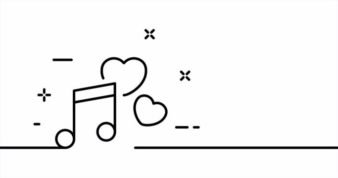 Note and hearts. Listen to music, favourite song, sing, like, hobby, entertainment, playlist, player. Sound concept. One line drawing animation. Motion design. Animated technology logo. Video 4K