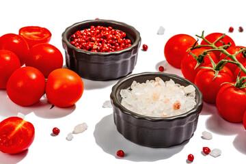 Cooking background with tomato cherry, sea salt, and rose peppercorn isolated on white background