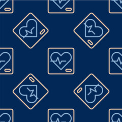 Line Heart rate icon isolated seamless pattern on blue background. Heartbeat sign. Heart pulse icon. Cardiogram icon. Vector