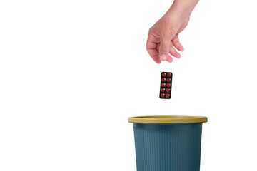 Throw package pills in trash.Isolated white background.