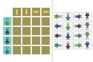 Line up the directions of the robots. Educational children's game, worksheet for activities with children, vector illustration