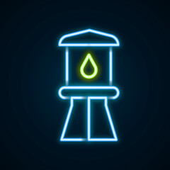 Glowing neon line Water tower icon isolated on black background. Colorful outline concept. Vector