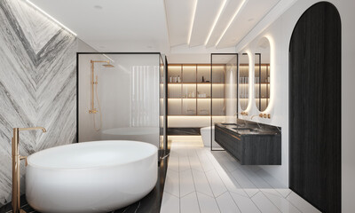 Fototapeta na wymiar Interior of modern bathroom with white marble walls, bathtub and sink with mirrors. 3D illustration