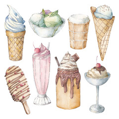 Watercolor set of ice cream elements on a white background.