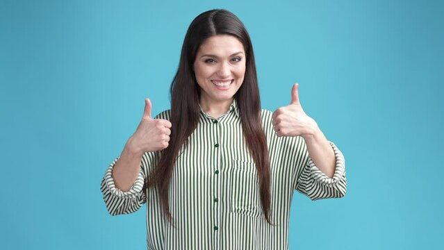 Lady positive make thumb up fine symbol ads isolated blue color background