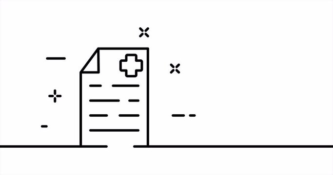 Medical document. Cross, check list, prescription, insurance, history, treatment, sheet of paper. Healthcare concept. One line drawing animation. Motion design. Animated technology logo. Video 4K