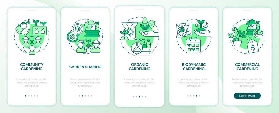 Types of gardening green onboarding mobile app screen. Horticulture walkthrough 5 steps editable graphic instructions with linear concepts. UI, UX, GUI template. Myriad Pro-Bold, Regular fonts used