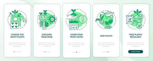 Tips for gardening green onboarding mobile app screen. Plants growth walkthrough 5 steps editable graphic instructions with linear concepts. UI, UX, GUI template. Myriad Pro-Bold, Regular fonts used