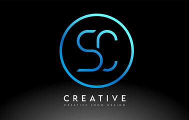 Neon Blue SC Letters Logo Design Slim. Creative Simple Clean Letter Concept.