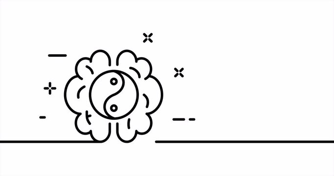 Brain with Yin Yang. Think, head, man, thought, opposites, black and white, good and evil. Phylosophy concept. One line drawing animation. Motion design. Animated technology logo. Video 4K
