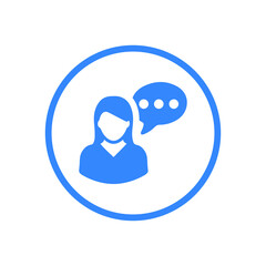 Conversation, female, lady icon. Blue vector design.
