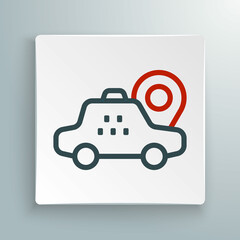 Line Map pointer with taxi car icon isolated on white background. Location symbol. Colorful outline concept. Vector