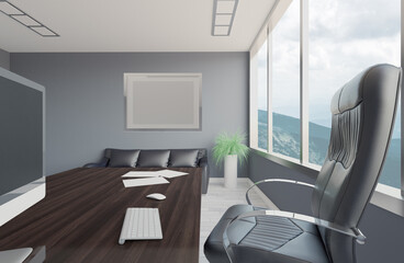 Open space office interior with like conference room. Mockup. 3D rendering.. Mockup.   Empty paintings